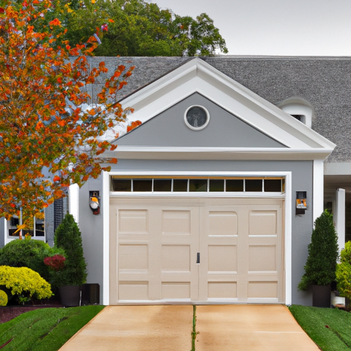 Colonial home in Basking Ridge with a modern garage door visible, driveway and autumn trees.