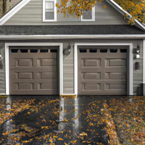 Suburban Basking Ridge garage door with new weather seal, wet pavement and fallen leaves after rain.