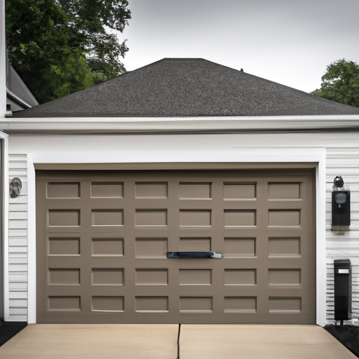 Suburban Basking Ridge garage with a modern sectional door and visible smart keypad on the wall.