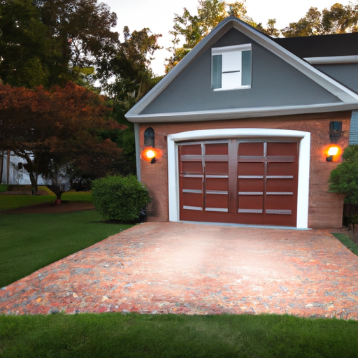 Suburban Basking Ridge home with a modern closed garage door, brick facade and trimmed lawn in late-afternoon light.