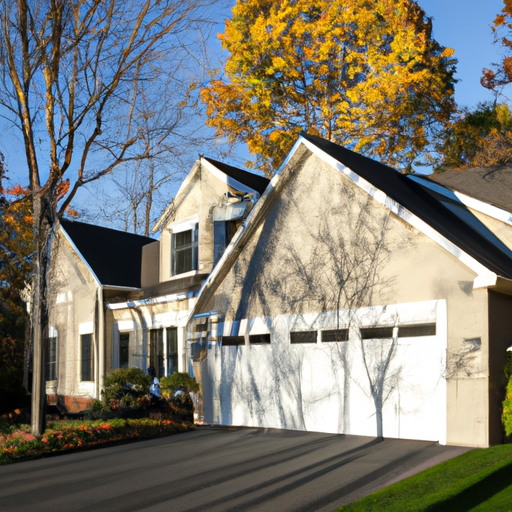 Colonial home in Basking Ridge, NJ with a modern insulated sectional garage door and autumn trees.
