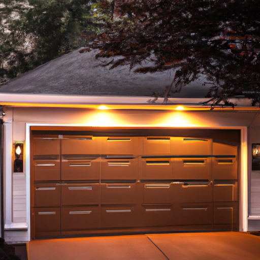 Suburban Basking Ridge home exterior with a modern sectional garage door at dusk, warm exterior lights on