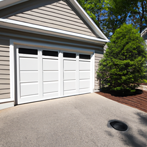 Closed insulated sectional garage door on a suburban home in Basking Ridge, NJ with visible threshold and landscaping.