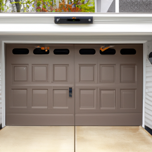 Suburban Basking Ridge driveway with a modern garage door and visible smart opener mounted on the ceiling.