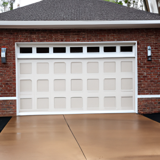 Editorial photo of a Basking Ridge suburban home showing a closed modern garage door on a brick facade and clean driveway, no people.