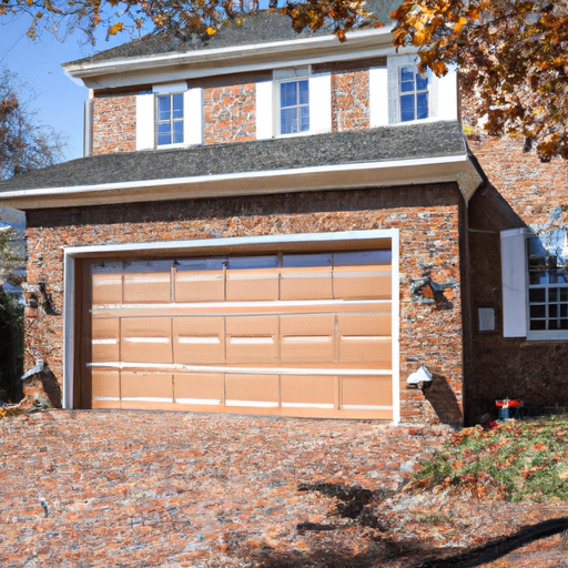 Suburban Basking Ridge brick home garage door in daylight with seasonal landscaping.