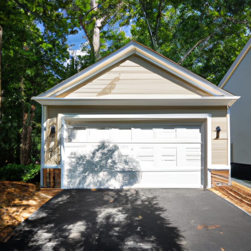 Suburban Basking Ridge house with a modern insulated garage door closed, driveway and trees visible, daytime.