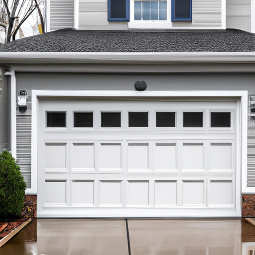 Suburban Basking Ridge home showing a closed steel paneled garage door with driveway and shrubs in soft overcast light.