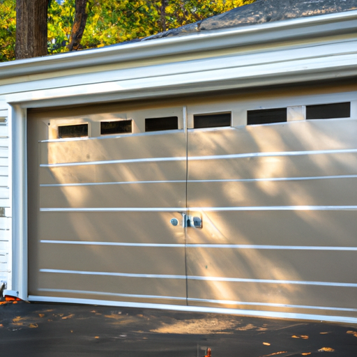 Suburban home in Basking Ridge, NJ with a modern insulated steel garage door closing at dusk; focus on door panels and seals.