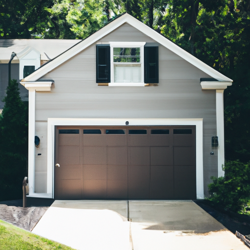 Suburban Colonial home in daylight with a visible sectional garage door and opener rail, driveway and trimmed shrubs.