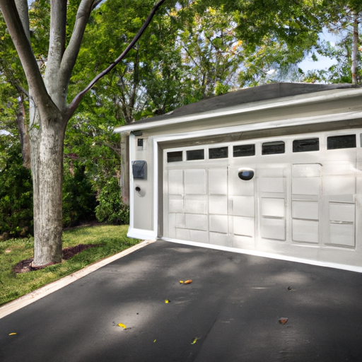 Suburban Basking Ridge garage exterior with a modern garage door and visible smart opener hardware, morning light.