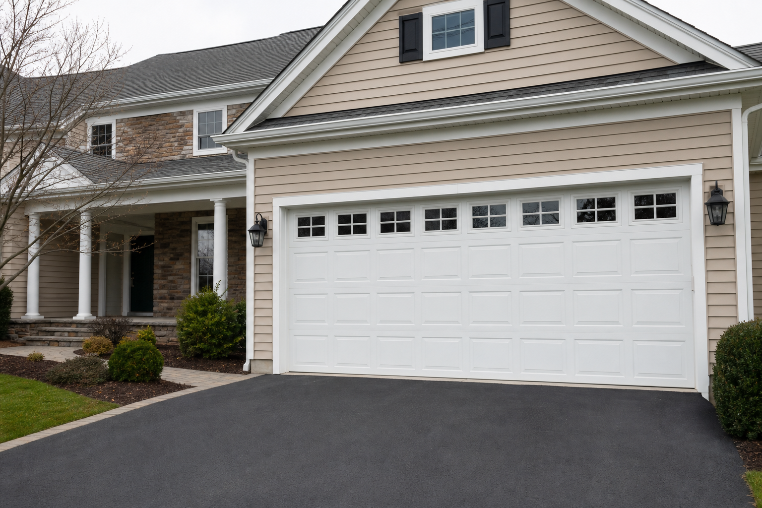 Suburban home in Basking Ridge with a full garage door visible on a clean driveway