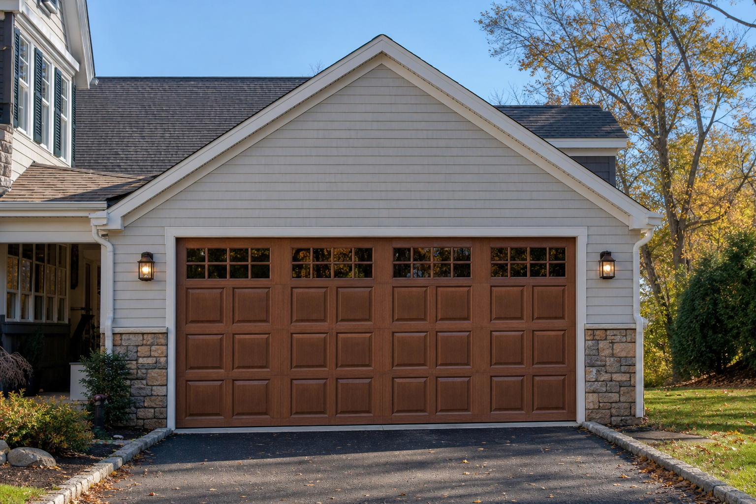Suburban garage exterior in Basking Ridge with the garage door fully visible